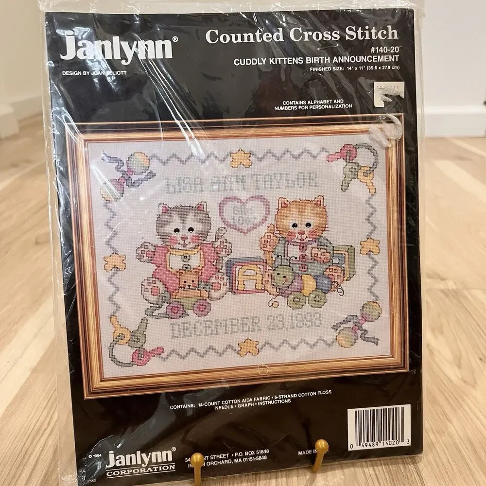 Vintage Janlynn Cross Stitch Cuddly Kittens Birth Announcement 14x11” Cat Baby